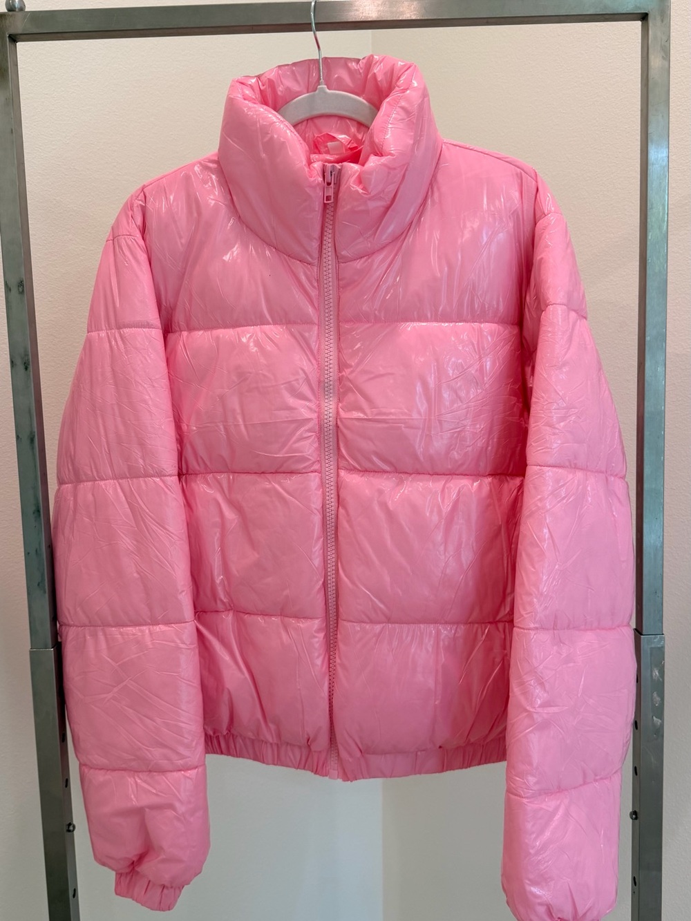 Amazon Pink Puffer Jacket - Shiny High Collar